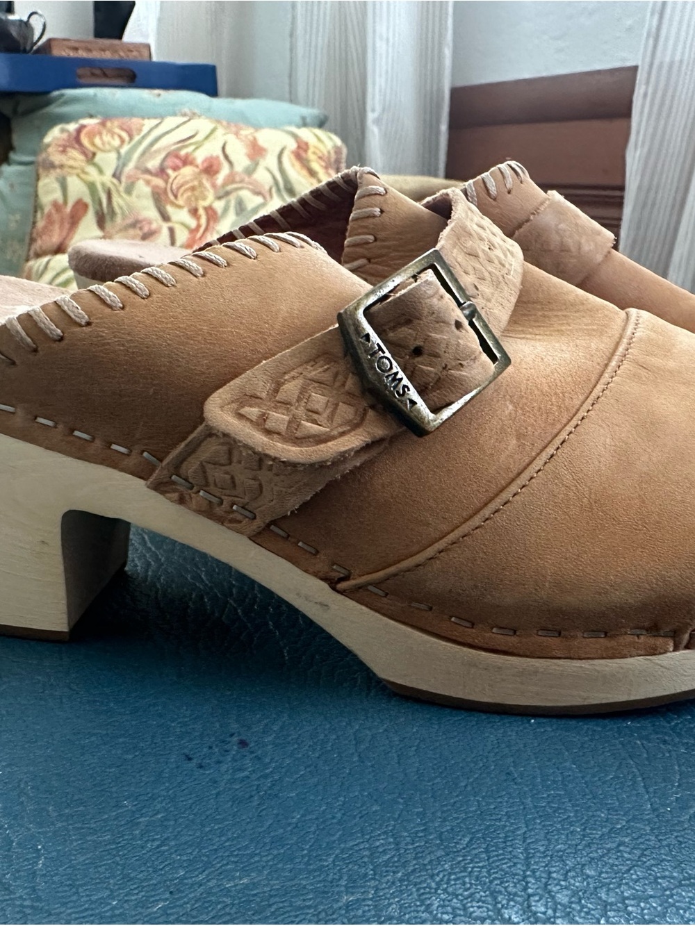 Toms Tan Suede Buckle Clog Mules